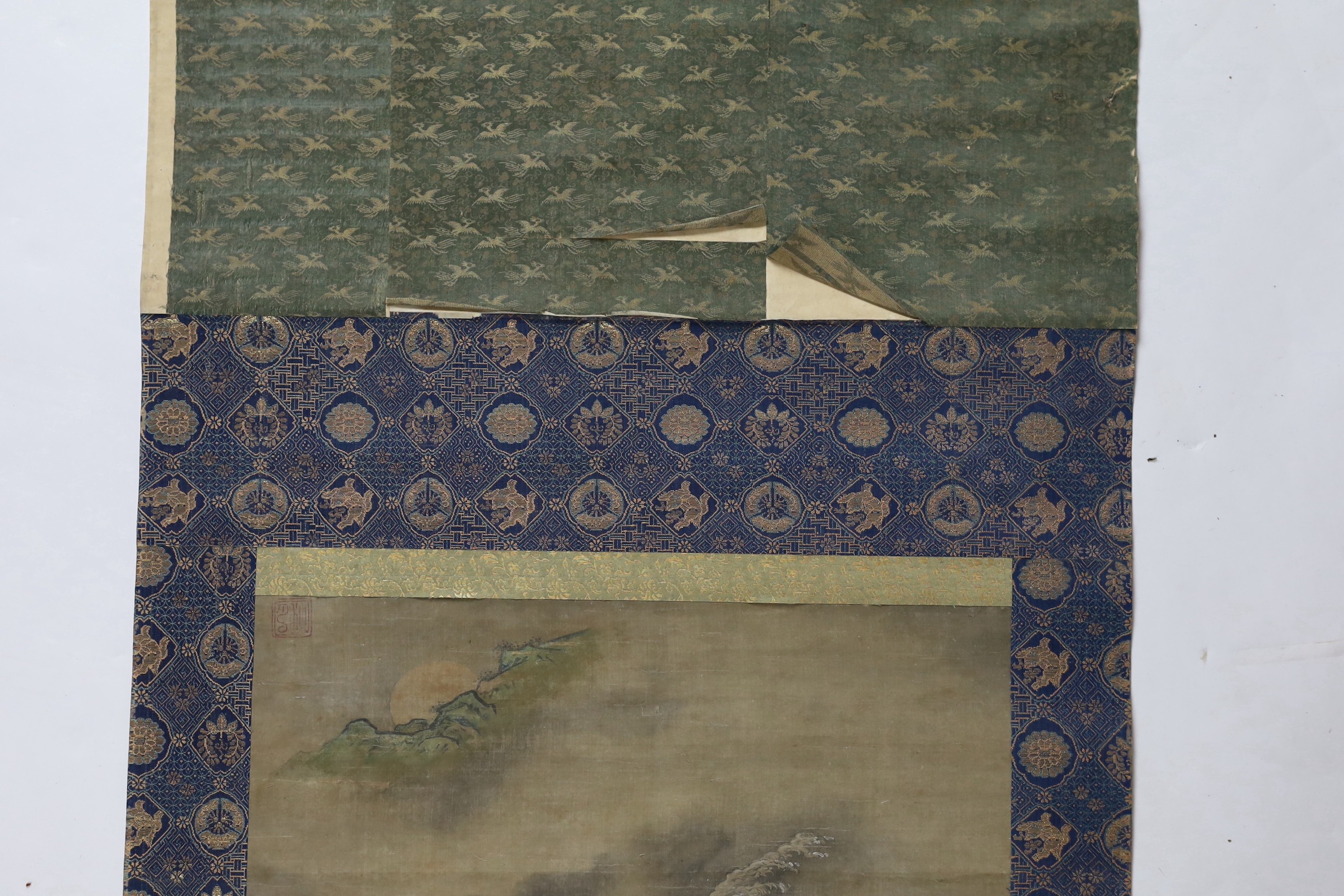 Japanese School, late Edo period, scroll painting of waves and the moon behind rocks, image 28.5cm x 46.5cm